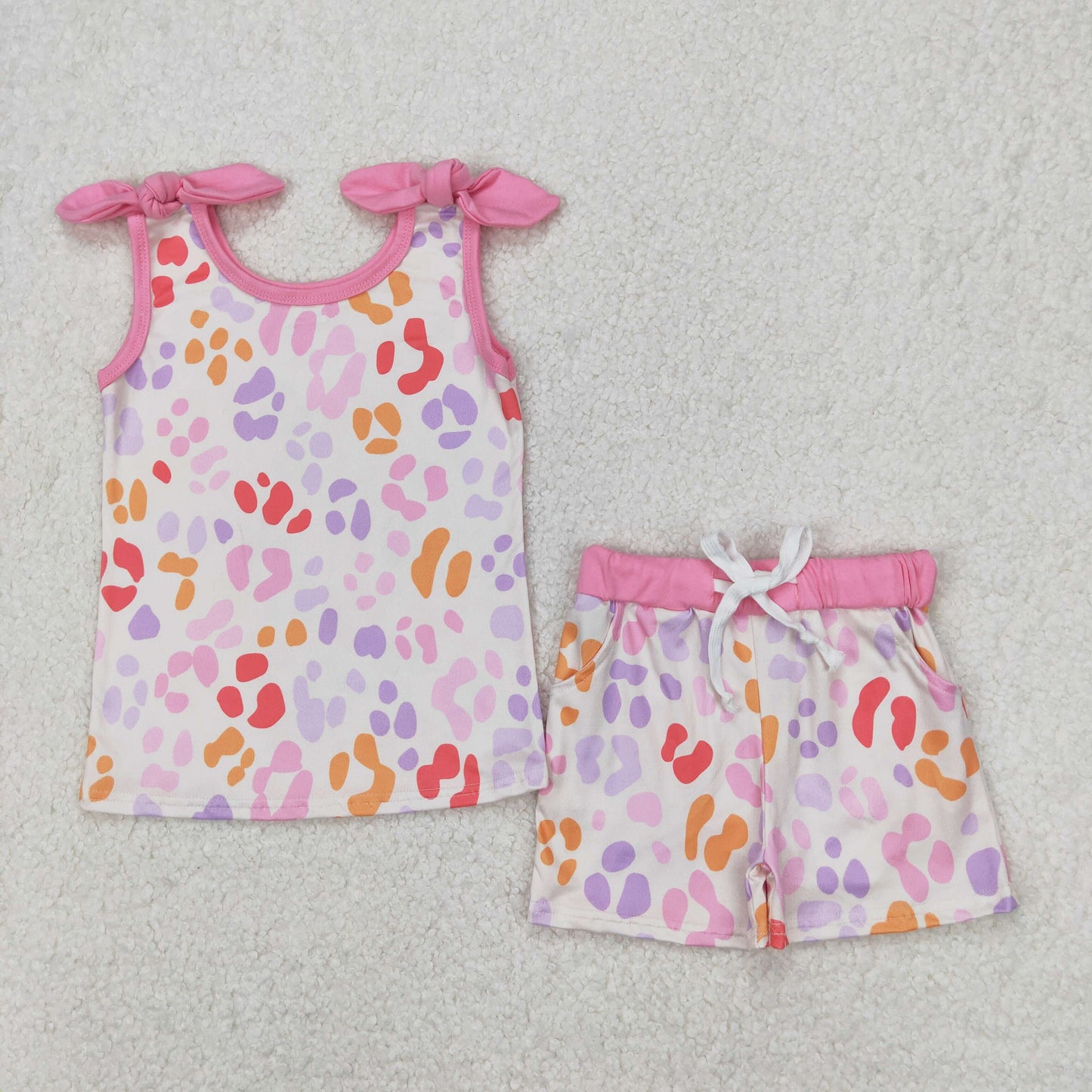 4.17 GSSO2081 RTS NO MOQ Colorful leopard print rose red sleeveless shorts set