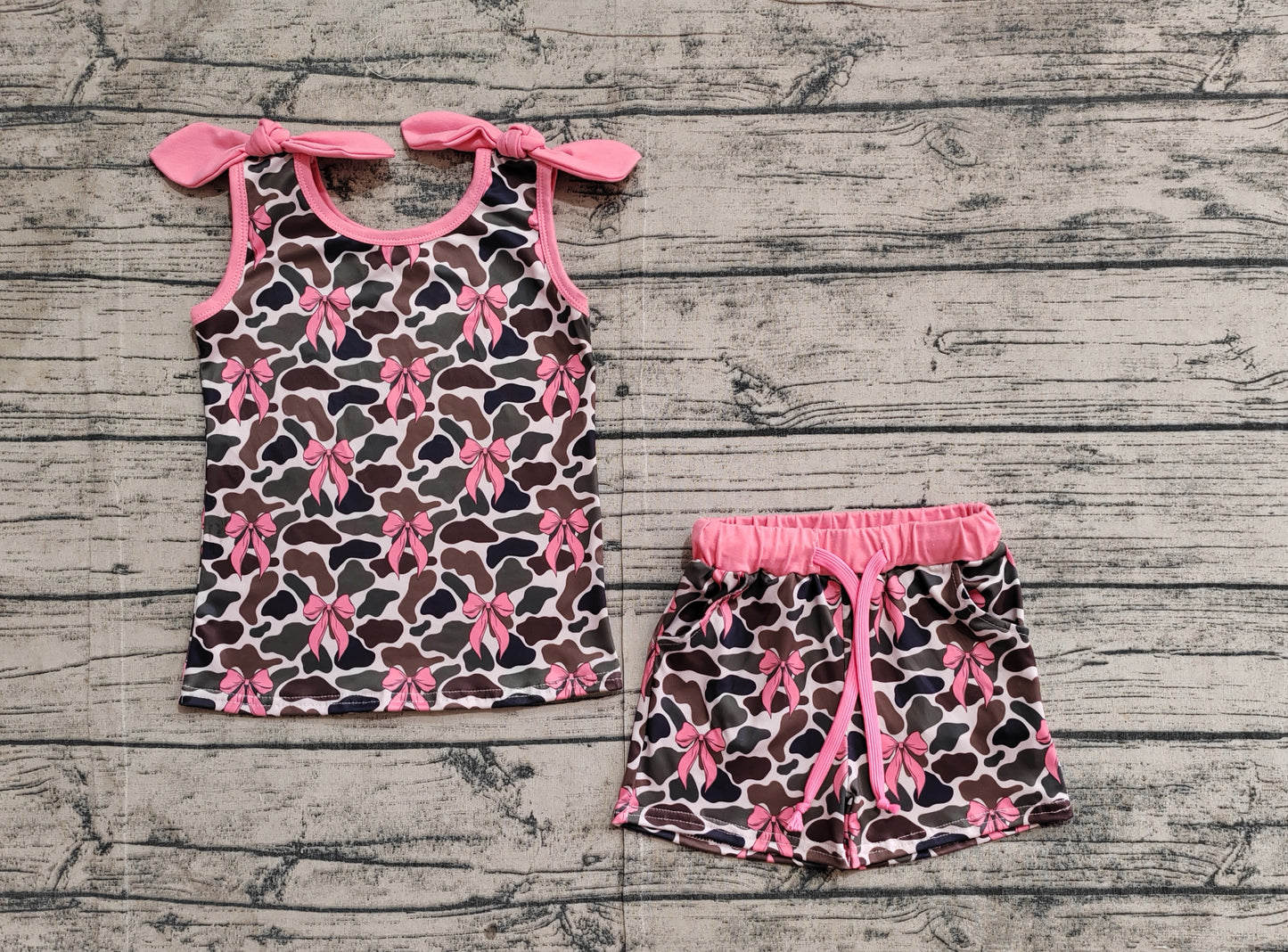 GSSO2083Girls Sleeveless Bow Camouflage Top with Shorts Pink Cute Outfit for Little Fashionistas