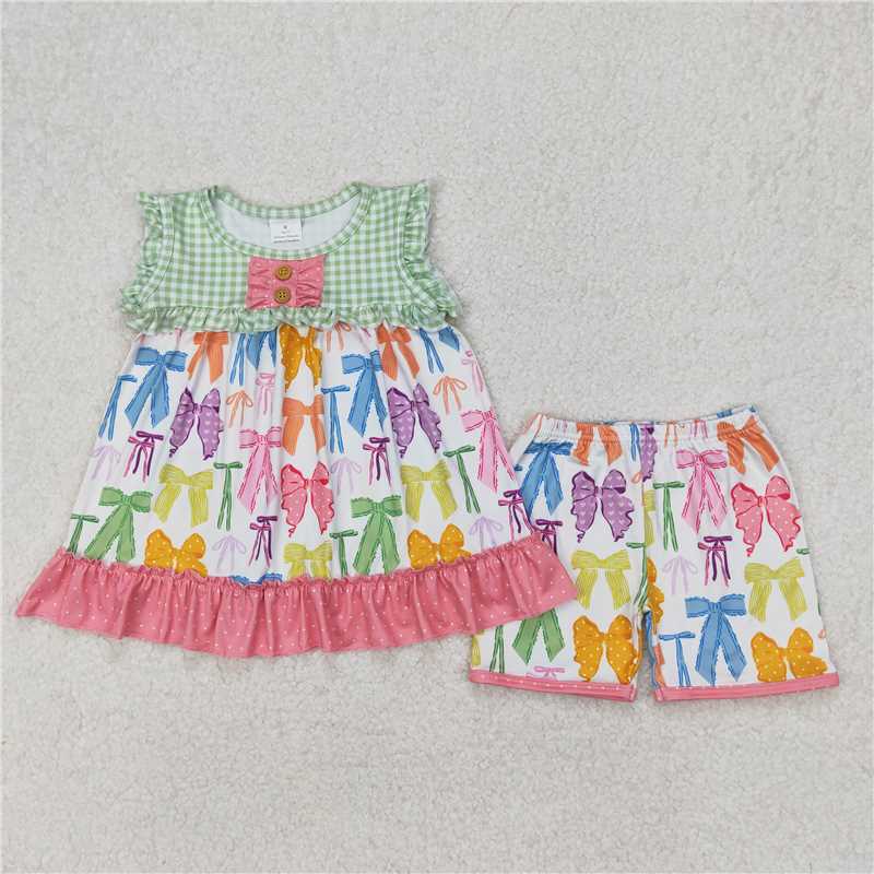 7.14 RTS NO MOQ Sleeveless plaid bow tunic shorts girls clothing dress set