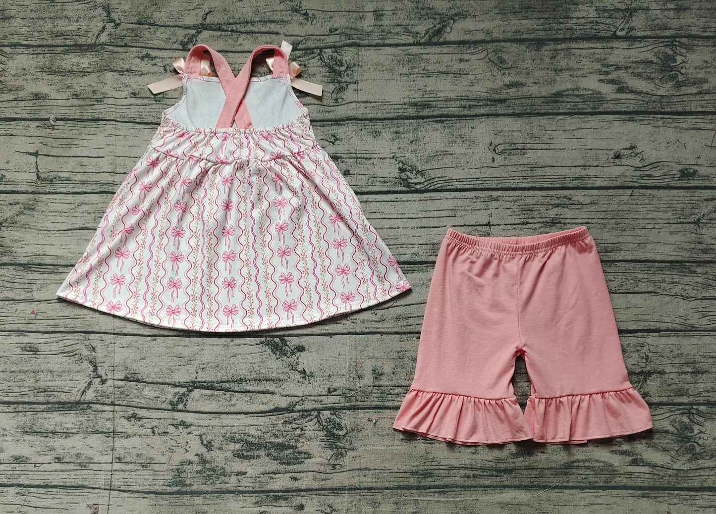 GSSO2094Girls Pink Straps Floral Bow Tunic Ruffle Shorts Set Cute Casual Clothing Outfit for Kids