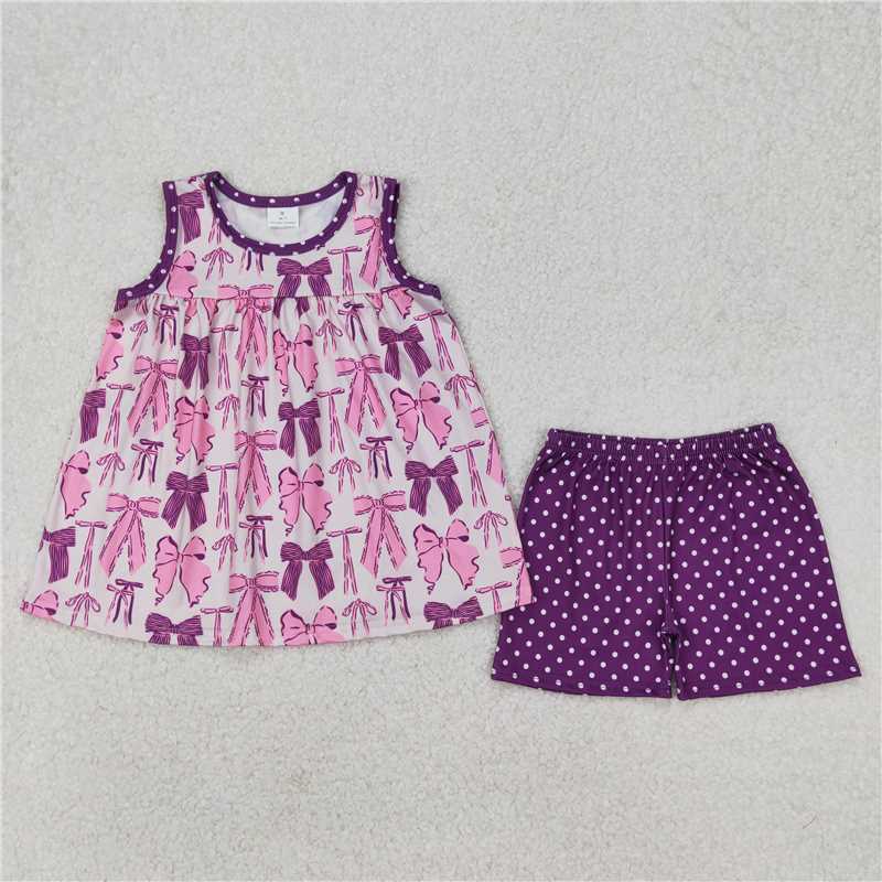 7.14 RTS NO MOQ Sleeveless plaid bow tunic shorts girls clothing dress set