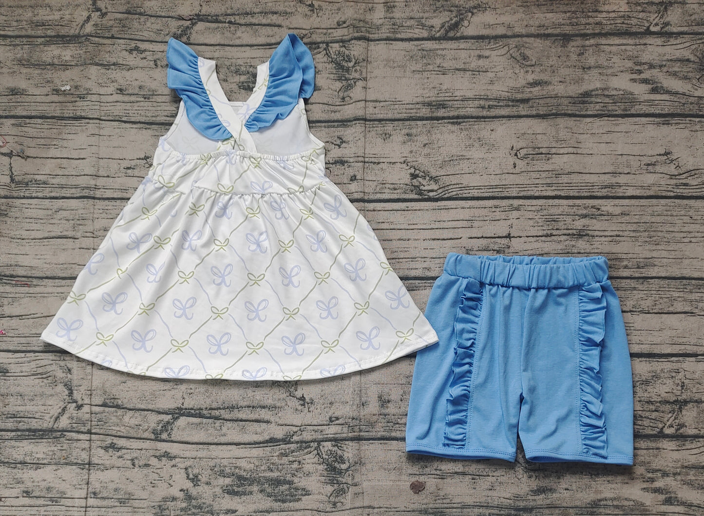 GSSO2109Sweet Flutter Sleeves Light Bow Tunic and Ruffle Shorts Set for Little Girls