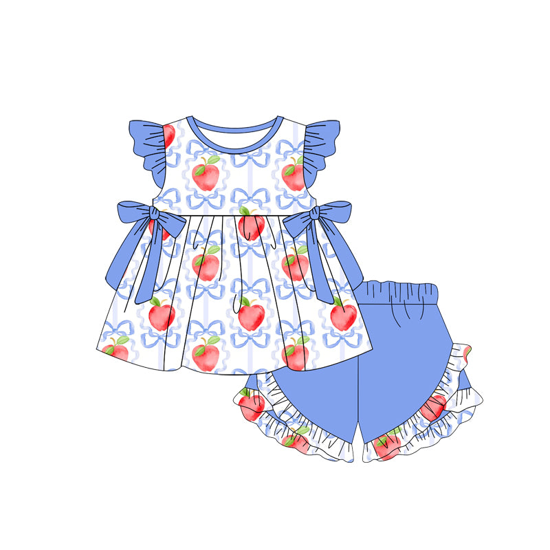 Baby Girls Blue Flutter Sleeves Bows Plaid Apples Tunic Ruffle Shorts Set