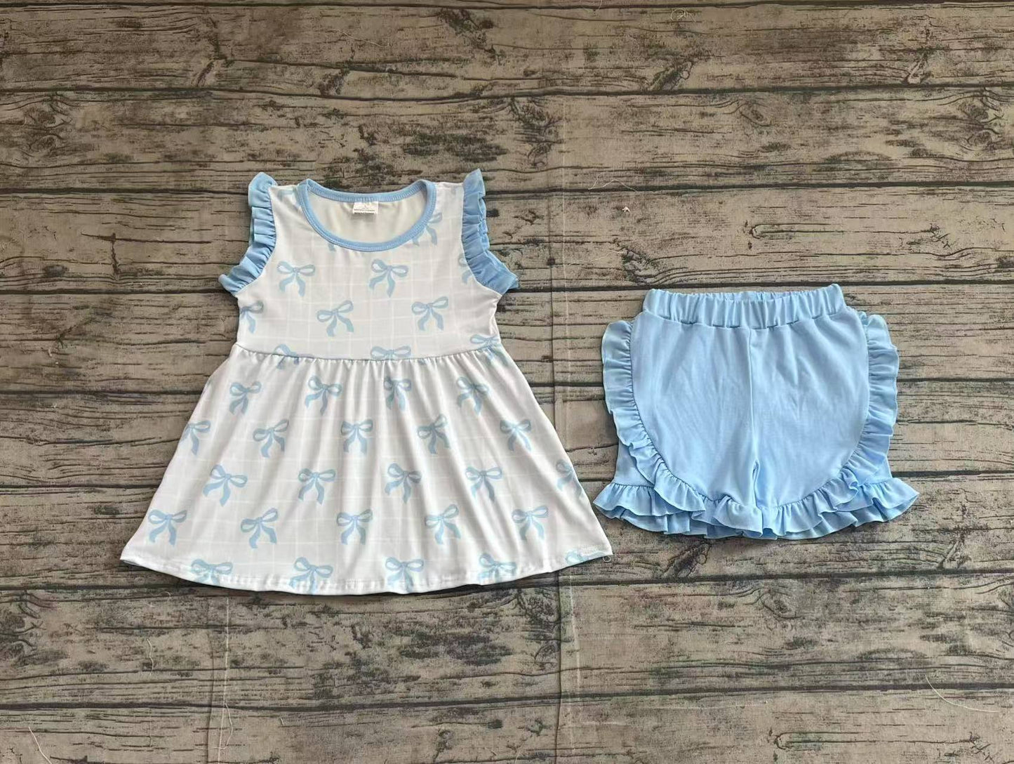 GSSO2120Girls Light Blue Bow Tunic Ruffle Shorts Set - Cute And Fashionable Clothing Outfit for Young Ladies