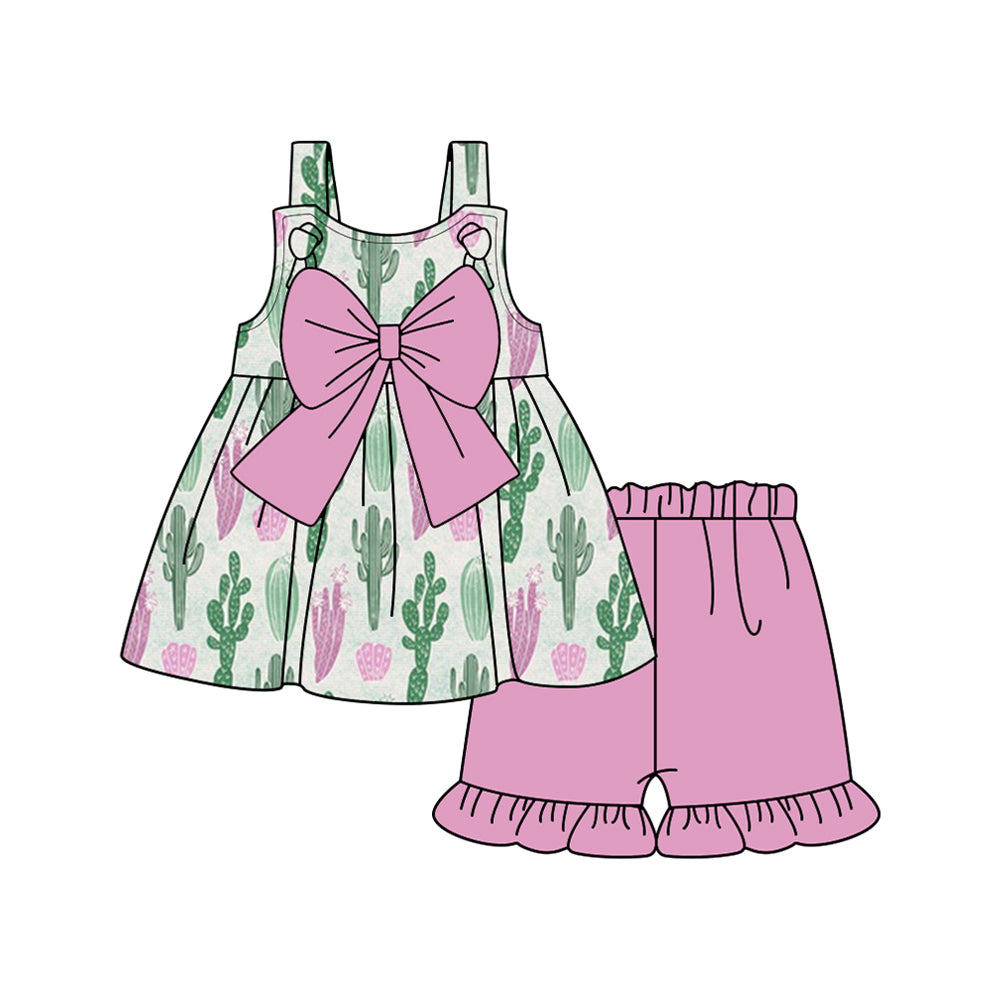 Baby Girls Green Straps Cactus Pink Bow Tunic Ruffle Shorts Set