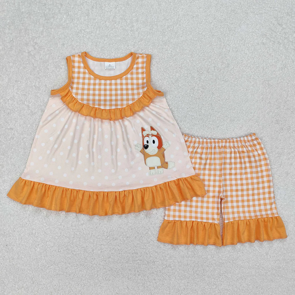12.8 RTS Sibling Baby Girls Cartoon Dots Dogs Tunic Ruffle Shorts Outfits
