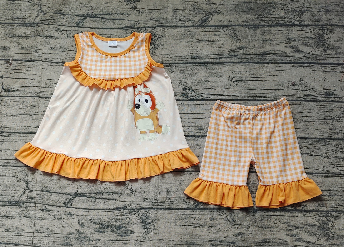 GSSO2123Baby Girls Orange Dots Dog Themed Tunic Ruffle Shorts Outfit Set Cute Animal Print Clothing Set for Infants