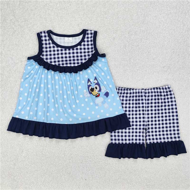 6.11 GSSO2124 RTS NO MOQ Baby Girls Summer Outfits Blue sleeveless plaid dog tunic shorts girls clothes