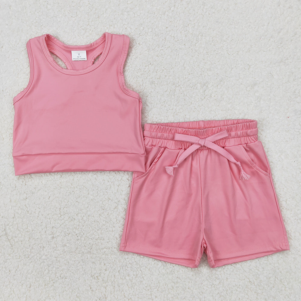 4.08 GSSO2130 RTS NO MOQ Baby Girls Summer Outfits Pink Sleeveless Top Pockets Shorts Yoga Set