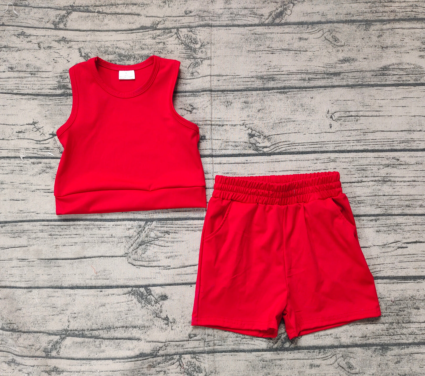 GSSO2131Girls Active Wear Sleeveless Red Top Pockets Shorts Set - Comfortable Sportswear for Kids