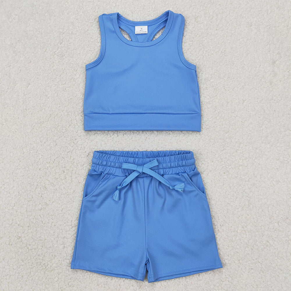 4.07 GSSO2132 RTS NO MOQ Baby Girls Summer Outfits Sleeveless light blue top pockets shorts girls active wear clothes