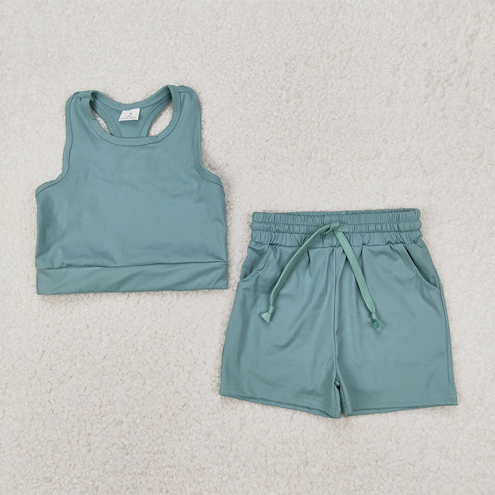 4.30 GSSO2133 RTS NO MOQ Sleeveless olive top pockets shorts girls active wear clothes