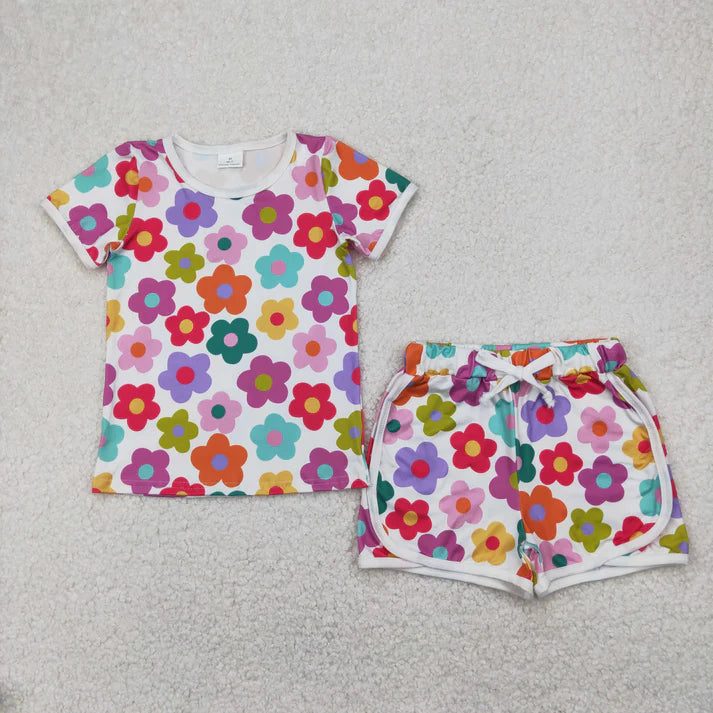 10.18 RTS Sibling Baby Girls Flowers Plaid Tee Shirts Shorts Summer Clothes Sets