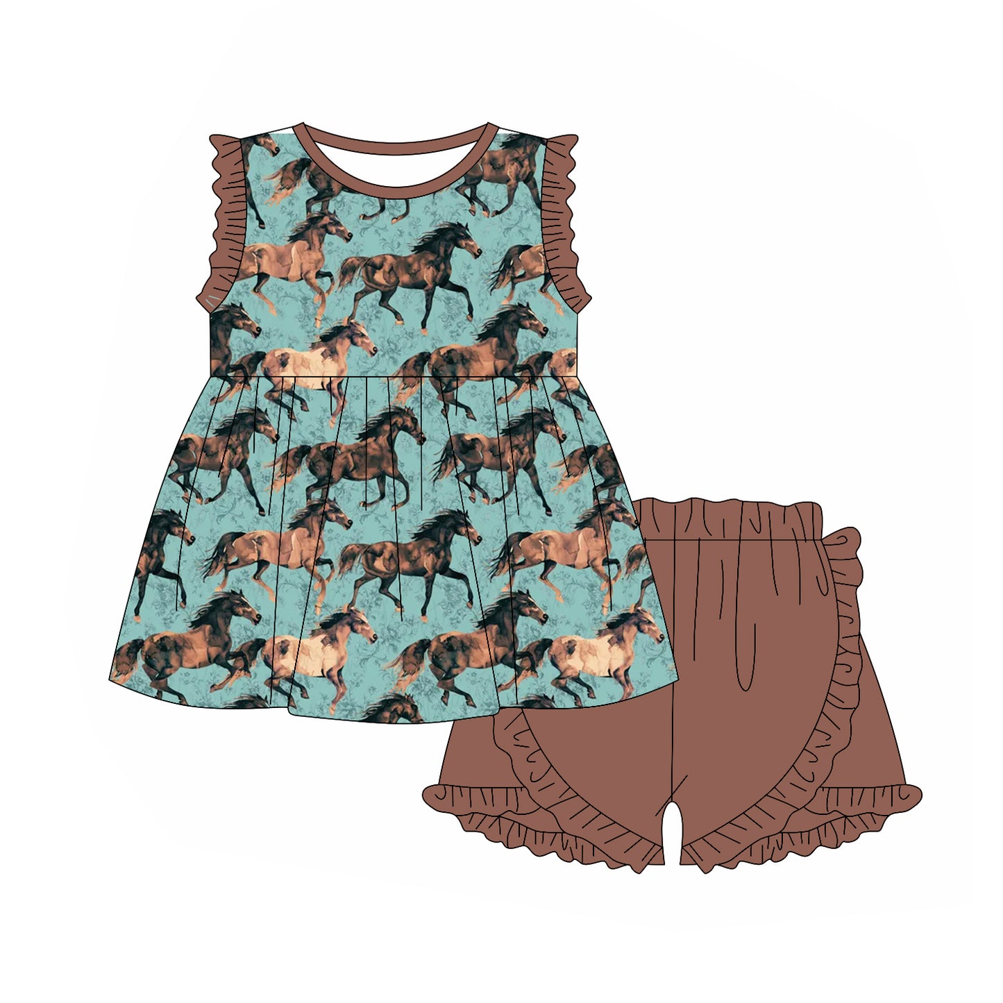 Girls Sleeveless Horse Tunic Brown Ruffle Shorts Outfit Children's Country Clothing Summer Lightweight Set for Girls