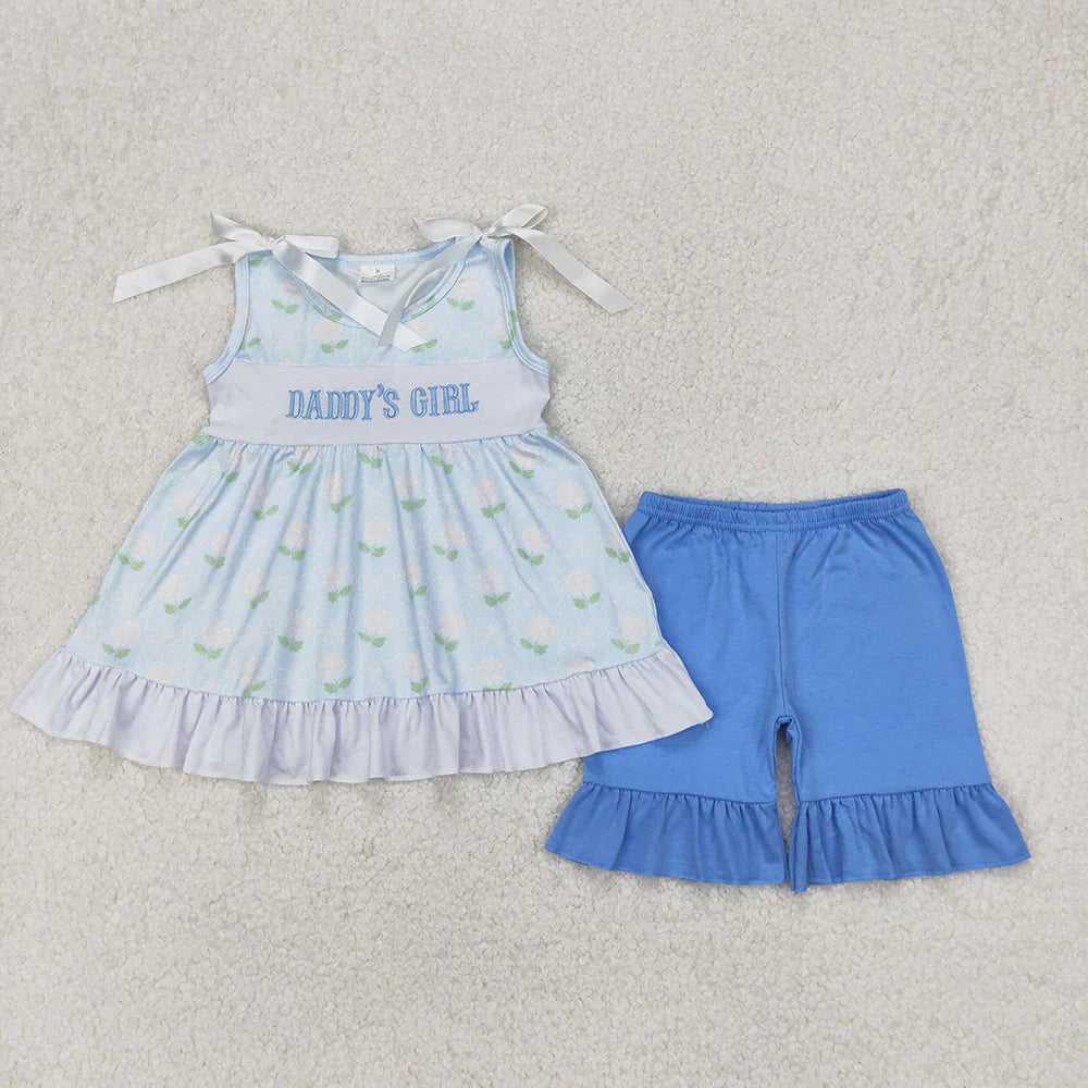 10.4 RTS Sibling Baby Girls Embroidery I Love Dad Top Ruffle Shorts Clothes Set