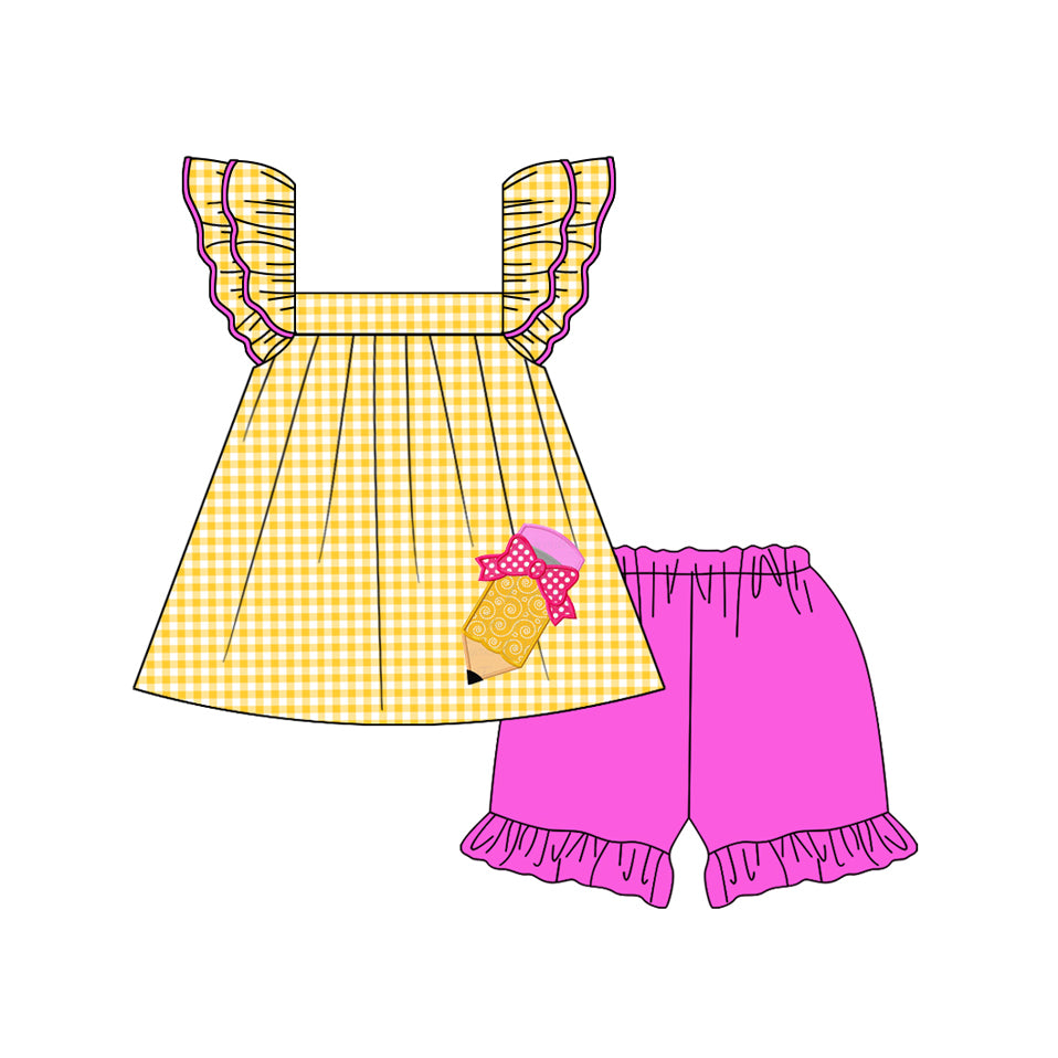 GSSO2157Kids Plaid Flutter Sleeve Pencil Skirt Outfit for Girls Back to School Ensemble