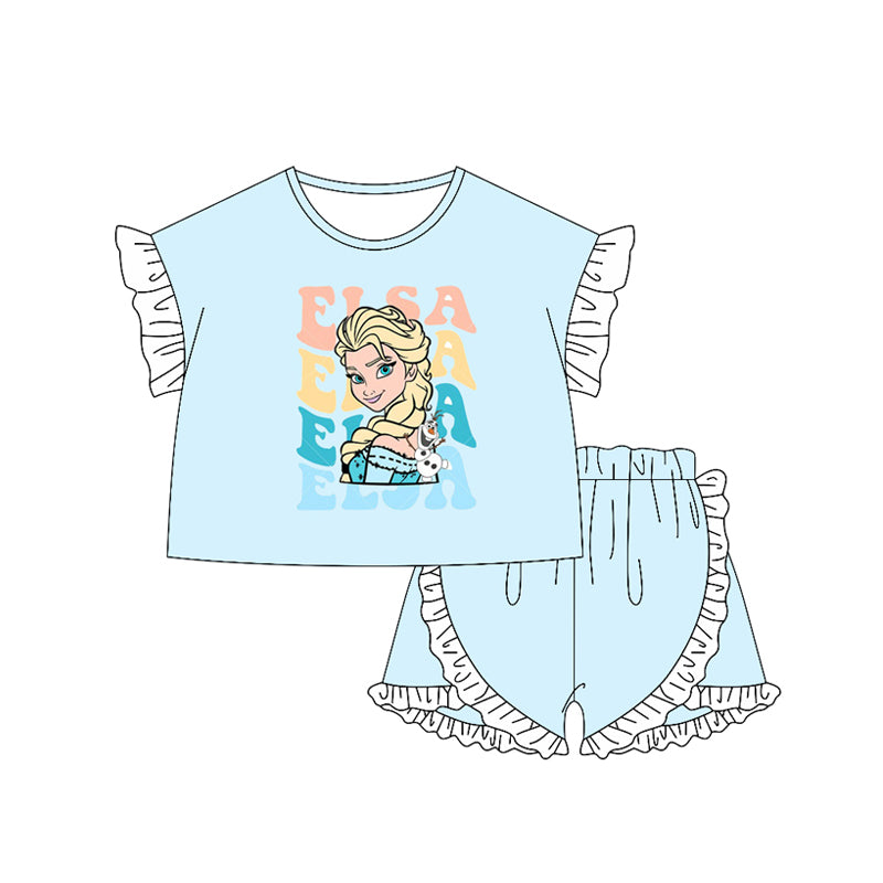 GSSO2161Light Blue Princess Top with Ruffle Short Sleeves for Girls Matching Princess Shorts Set Children's Clothing Girls Outfits