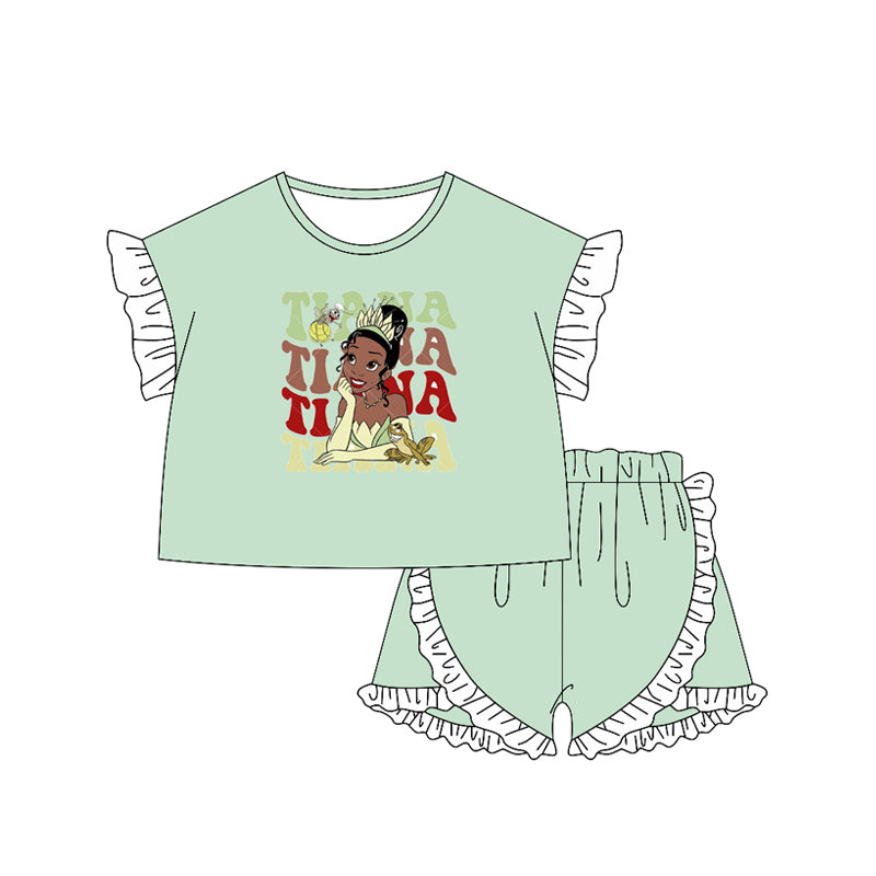 GSSO2165Green Princess Top Shorts Set for Girls Short Sleeves Ruffle Detail Cute And Stylish Children's Clothing Outfit