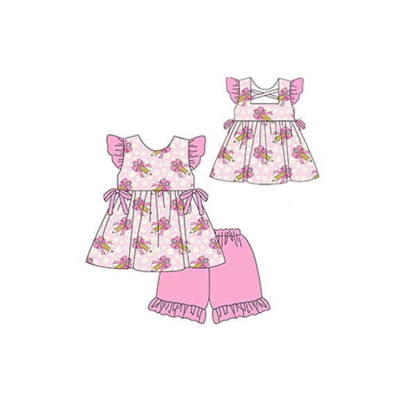 Baby Girls Pink Flowers Back-to-School Pencils Print Top Shorts Outfit Set for Kids