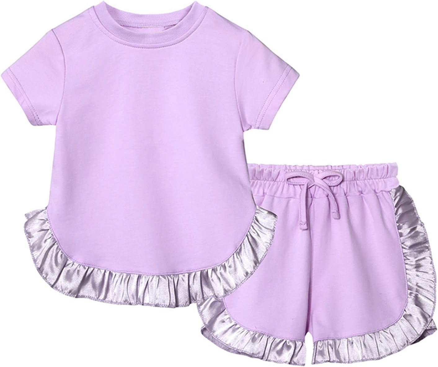 Kids Girls Summer Clothes Set Short Sleeves Ruffle Cute Fashionable Outfit for Little Girls