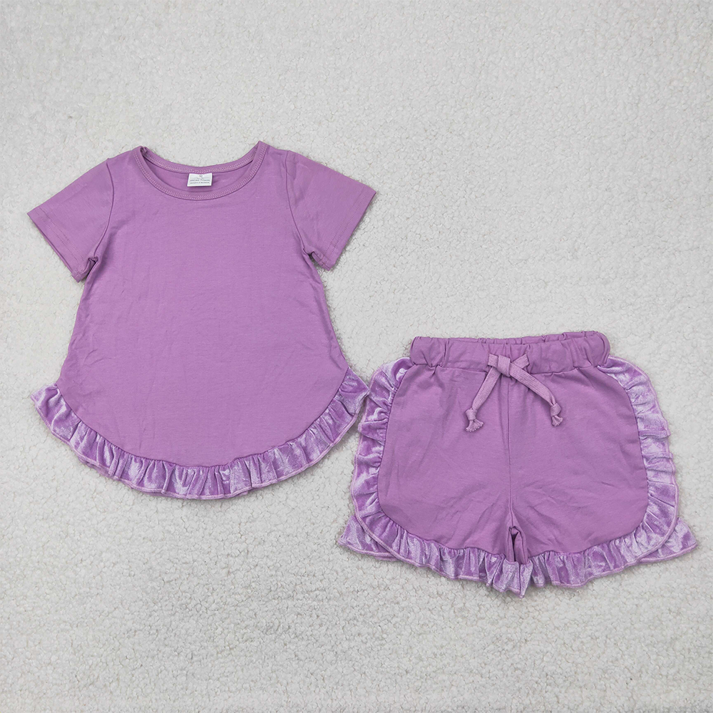 5.17 GSSO2184 RTS NO MOQ Baby Girls Summer Outfits Baby Girls Purple Short Sleeves Tunic Ruffle Short Set
