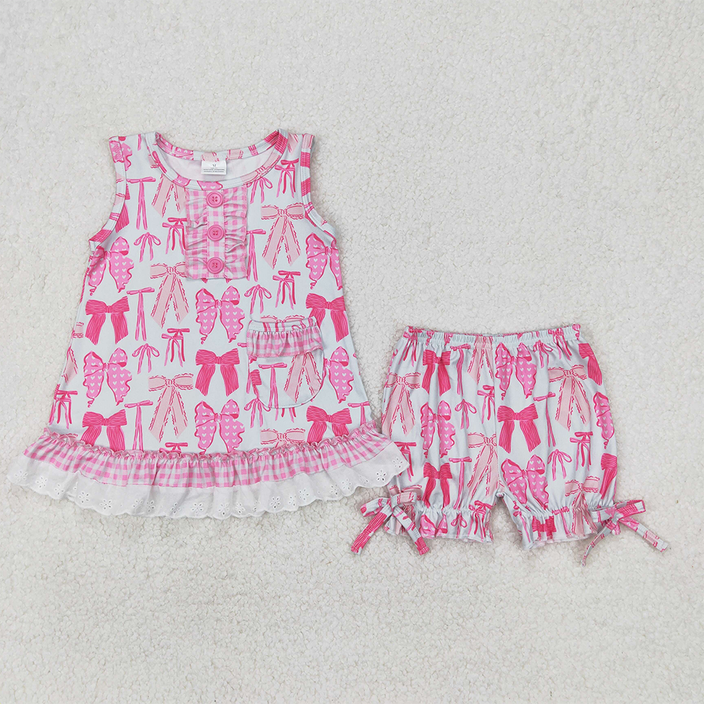 4.17 GSSO2187 RTS NO MOQ Sleeveless pink bow ruffle top shorts girls pajamas set