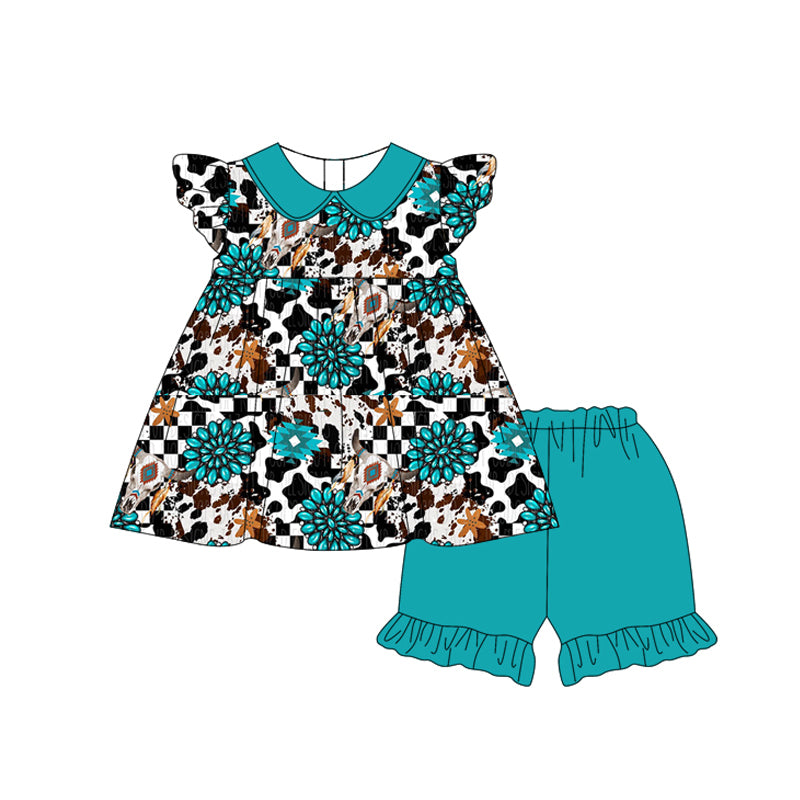 Turquoise Bull Skull Western Girls Outfit with Flutter Sleeves Unique Country Style Children's Clothing