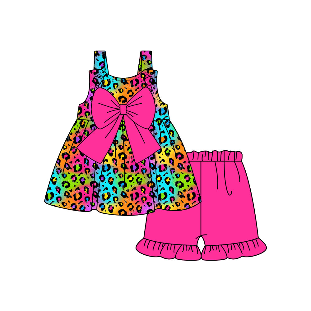 Girls Hot Pink Bow Colorful Leopard Print Tunic Short Set Children's Clothing Outfit