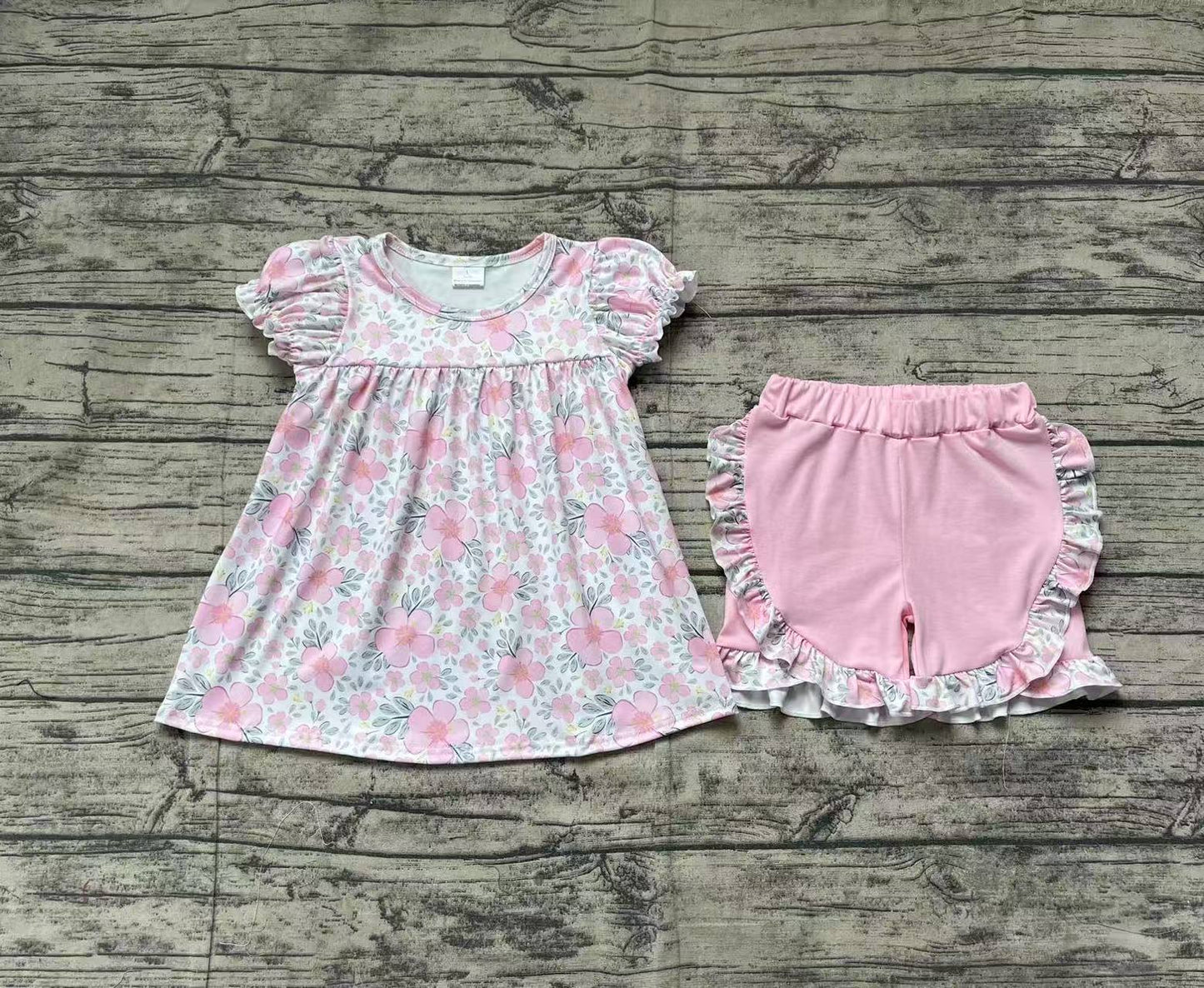 GSSO2194Pink Floral Short Sleeve Tunic and Ruffle Shorts Ensemble for Girls