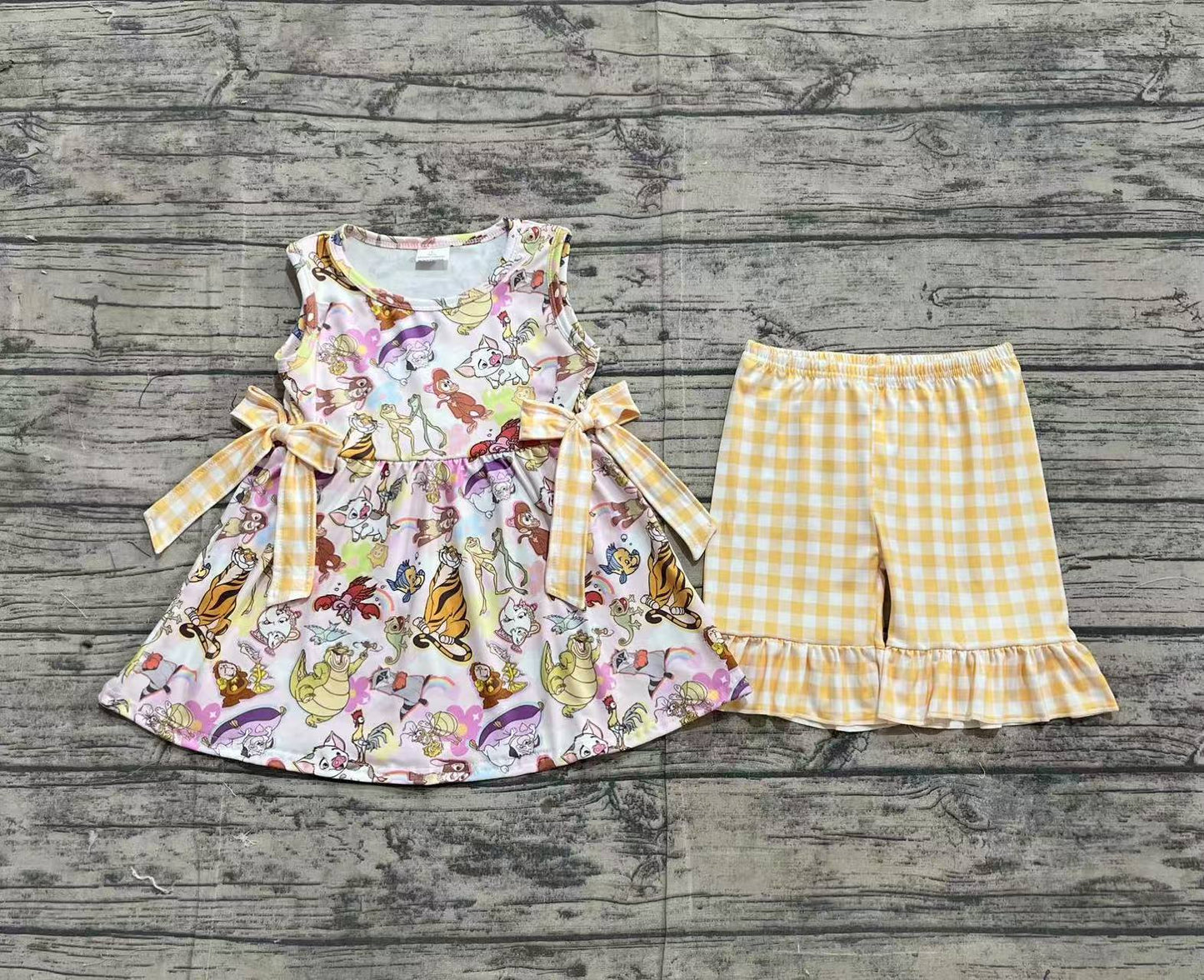 GSSO2197Girls Sleeveless Fish Tiger Tunic Yellow Plaid Shorts Set Summer Casual Comfortable Clothing Outfit for Kids