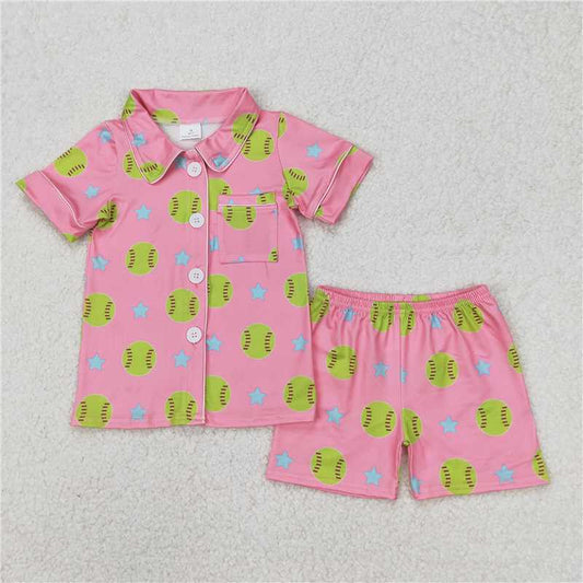 USA Warehouse (IN STOCK) GSSO2203 Kids Girls Short Sleeve Pink Softball Button down Pajamas Lightweight Sleepwear for Children