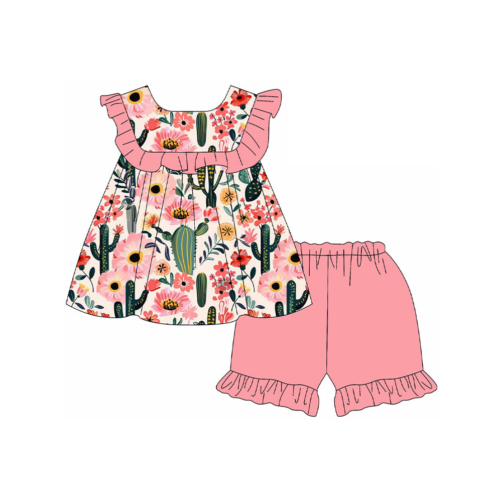 Girls Western Style Ruffle Shorts Set Pink Cactus Floral Tunic Top And Bottoms Outfit for Kids