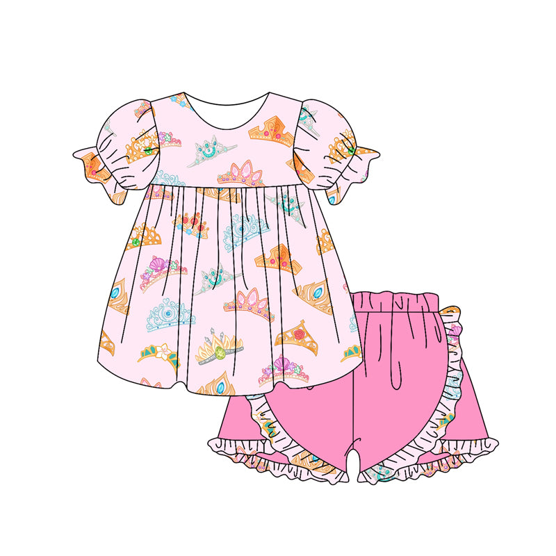 Girls Crown Tunic Top with Ruffle Shorts Set Short Sleeve Outfit for Kids