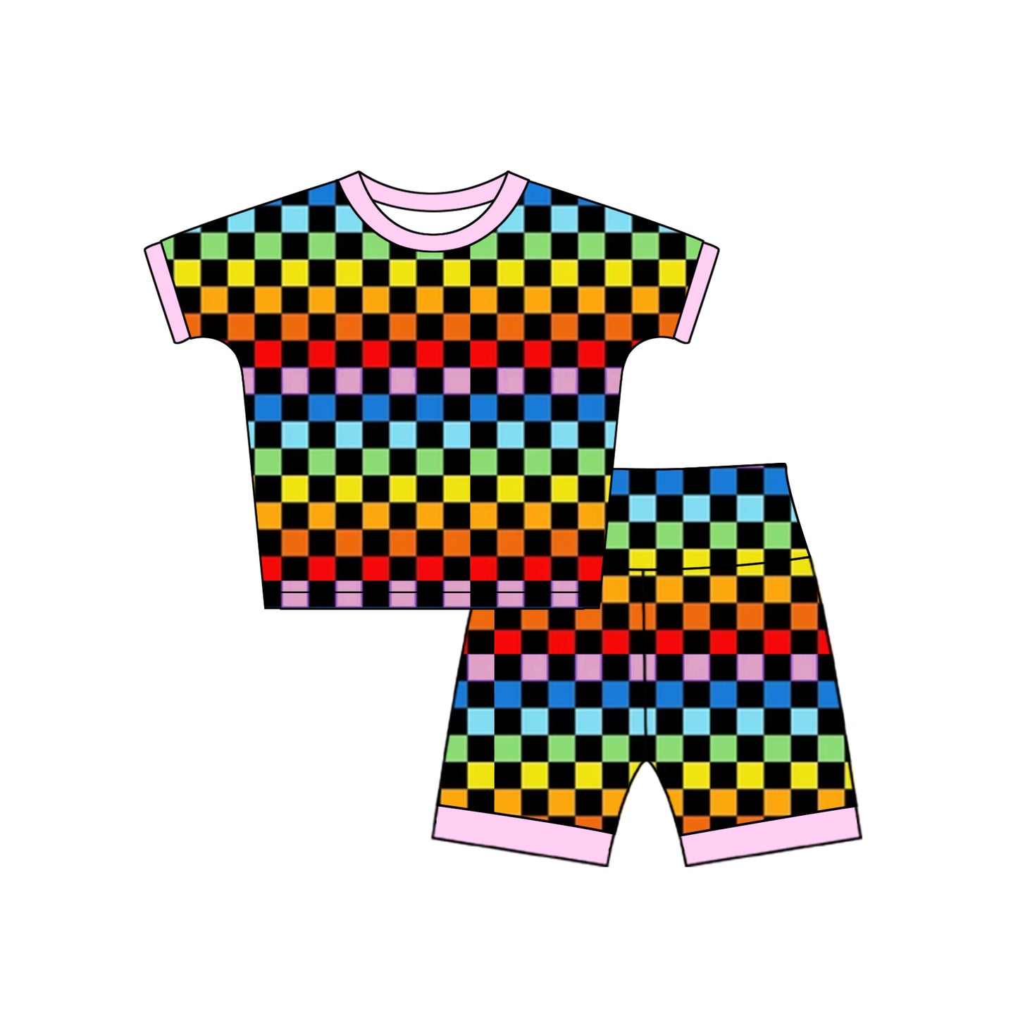Kids Girls Short Sleeve Colorful Plaid Top Shorts Set - Vibrant Preppy Outfit for Young Fashionistas