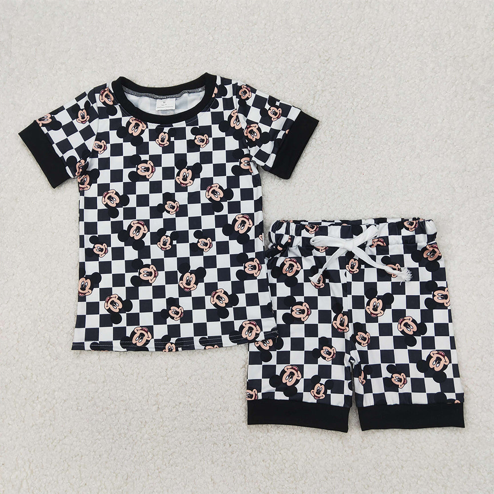 4.07 GSSO2233RTS NO MOQ Baby Girls Summer Outfits Short sleeves black plaid mouse top shorts baby kids clothing