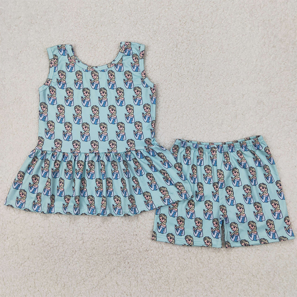 4.07 GSSO2234 RTS NO MOQ Baby Girls Summer Outfits Light blue sleeveless princess peplum shorts girls clothes