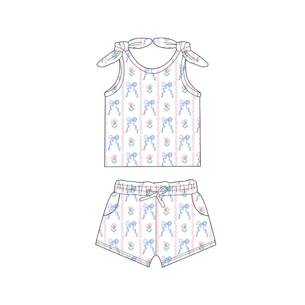 GSSO2254Baby Girls’ Charming Sleeveless Floral and Light Blue Bow Outfits for Summer