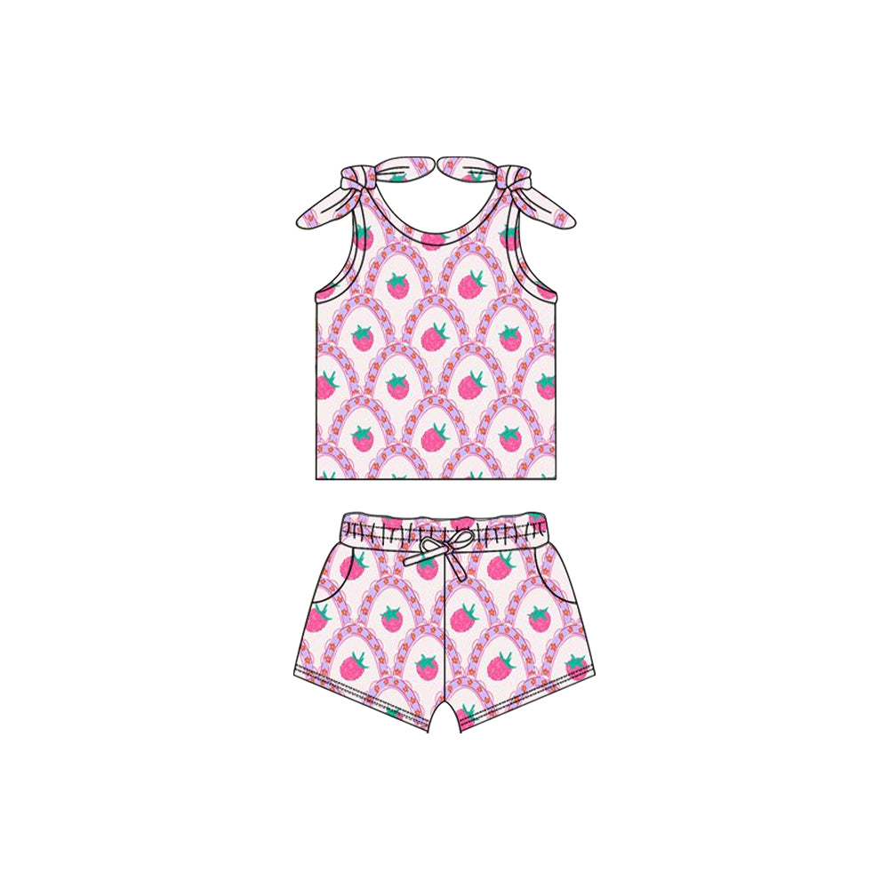 GSSO2255Sweet Sleeveless Pink Strawberry Summer Outfits for Little Baby Girls