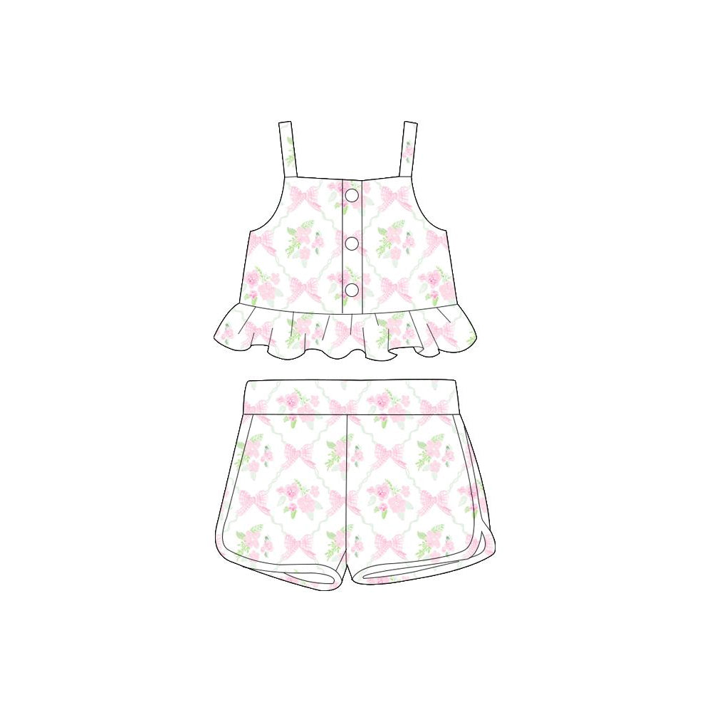 GSSO2263Stylish Girls' Straps Pink Bow Floral Crop Top and Shorts Clothing Set