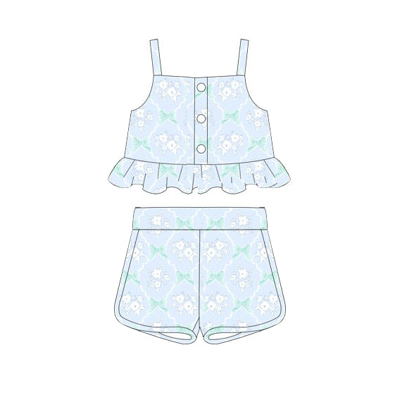 GSSO2265Stylish Light Blue Floral Bow-Embellished Straps Crop Top with Shorts for Girls