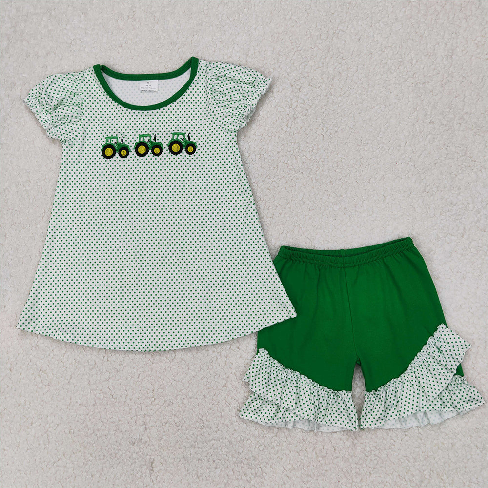 6.11 GSSO2268 RTS NO MOQ Baby Girls Summer Outfits Baby Girls Short Ruffle Sleeves Trucks Polka Dots Tunic Green Ruffle Short Set