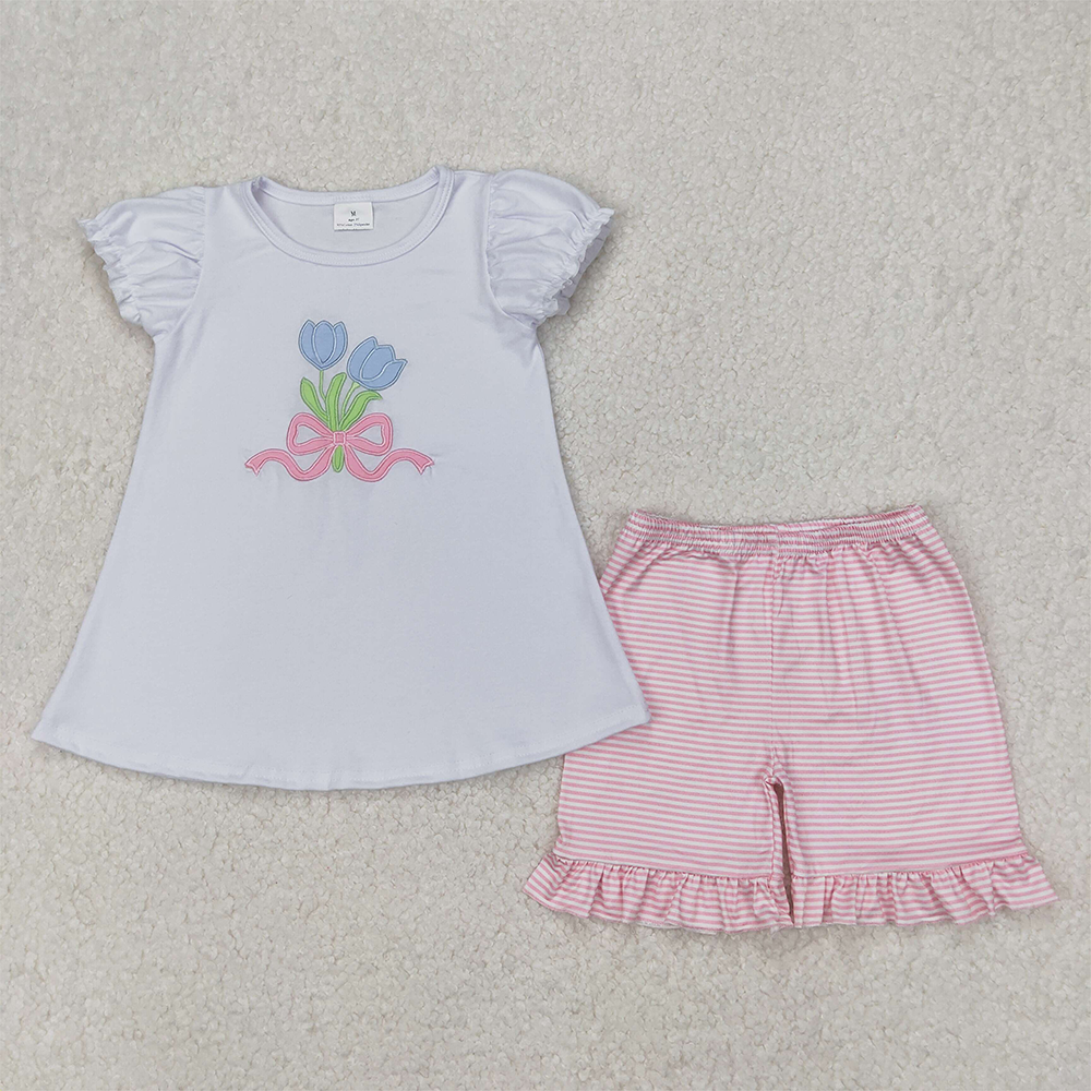 4.08 GSSO2275 RTS NO MOQ White short sleeves tulip top pink stripe shorts girls clothes