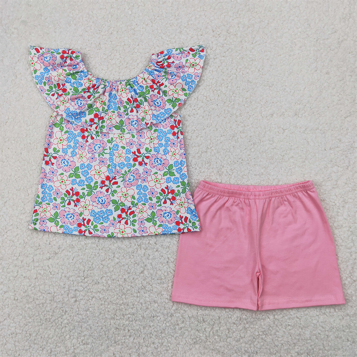4.11 GSSO2277RTS NO MOQ Baby Girls Summer Outfits Floral ruffle top pink cotton shorts girls summer outfits