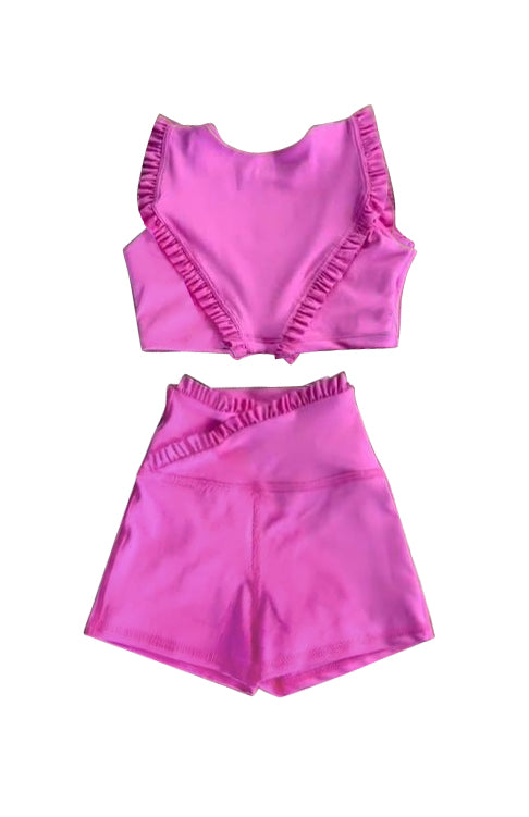 Girls Pink Ruffle Crop Top Shorts Set Yoga Outfit Fitness Clothing for Kids
