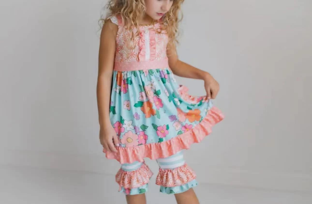 GSSO2291Kids Floral Pocket Ruffle Tunic Short Set - Girls Clothing Soft Cotton Outfit for Spring/Summer