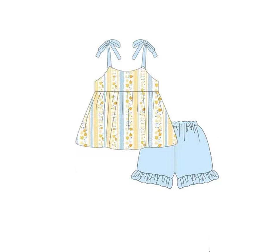 Girls Yellow Floral Tunic Ruffle Shorts Set with Straps - Spring Summer Children's Clothing Outfit