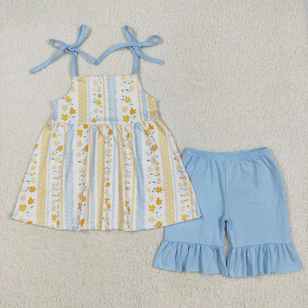 10.18 RTS Sibling Boys Baby Girls Yellow Floral Bows Summer Outfits Sets