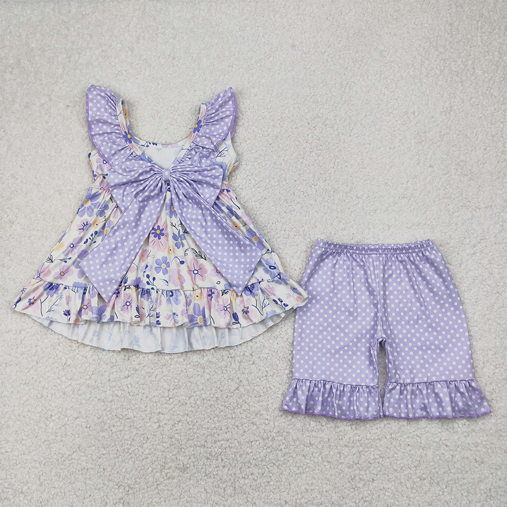 4.12 GSSO2306 RTS NO MOQ Baby Girls Summer Outfits Polka dots ruffle floral tunic shorts girls clothing outfits