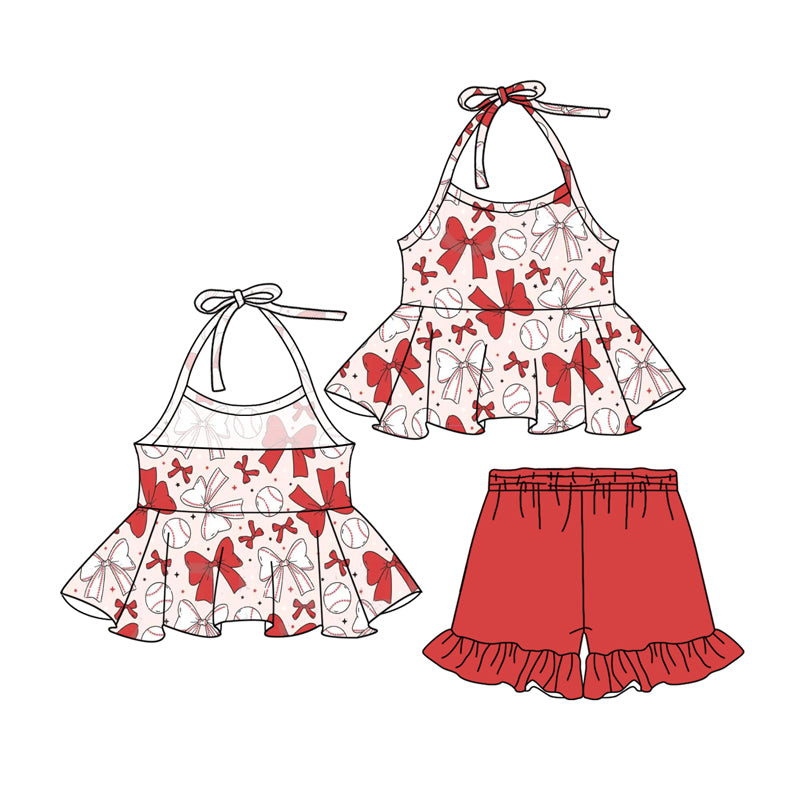 Kids Girls Short Sleeve Baseball Pajamas with Red Bow - Comfortable Sleepwear for Children