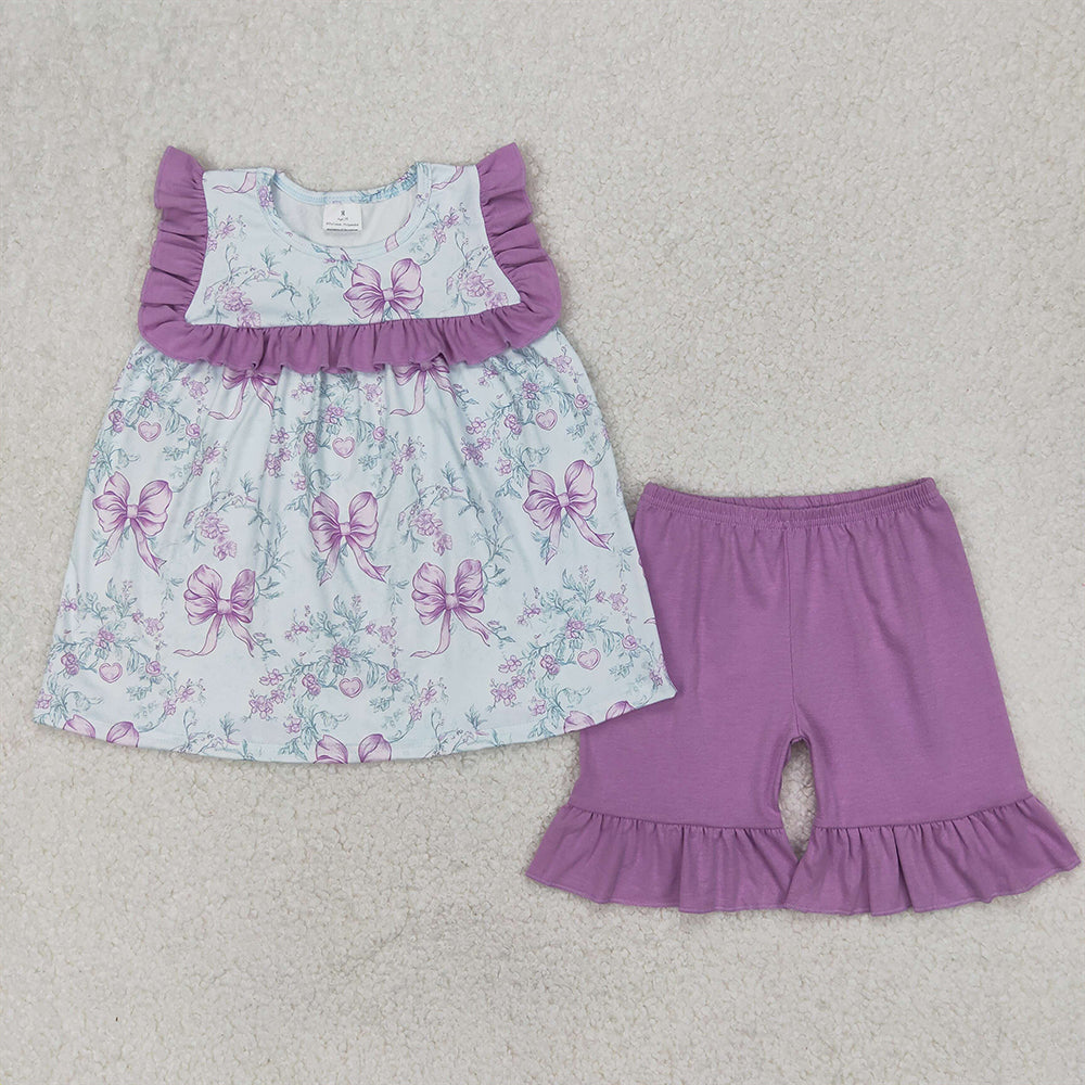 4.07 GSSO2315 RTS NO MOQ Baby Girls Summer Outfits Lavender ruffle floral bow tunic shorts girls clothing